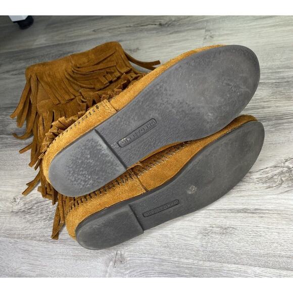 Minnetonka Brown Suede Moccasin Calf Boots 3 Layer Fringe 1632 Women’s Size 6 - Picture 2 of 7
